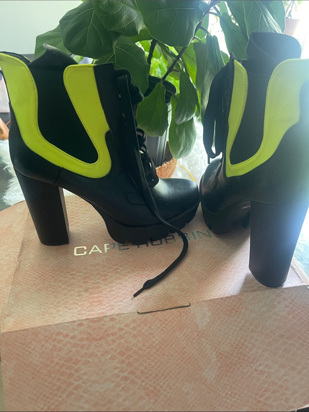 Cape Robbin Black Heeled Ankle Boots with Neon Yellow Panels